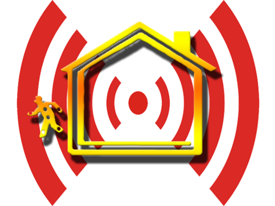 Maison jaune avec symbole wifi rayonnant en rouge, une personne à l'extérieur de la maison.