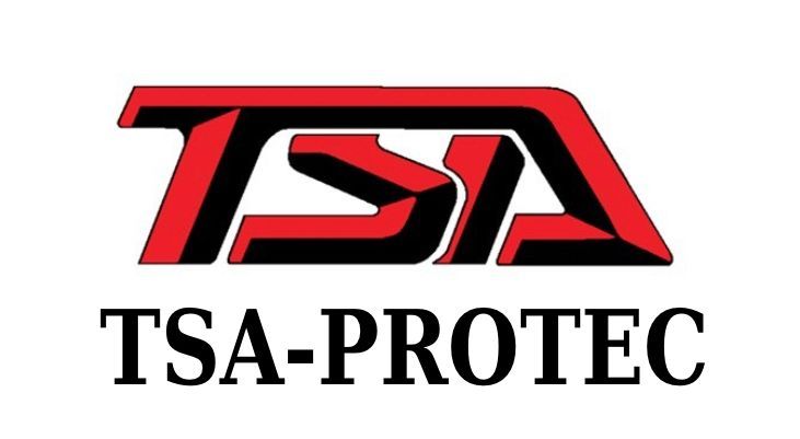 Logo de TSA-PROTEC, texte rouge et noir, lettres stylisées TSA, avec texte 