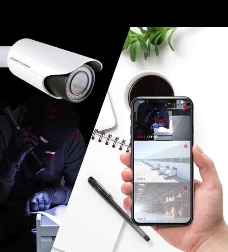 Caméra de surveillance, voleur et téléphone affichant des images en direct. Contraste blanc et noir.