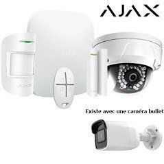Composants du système de sécurité White Ajax : hub, capteurs, caméras et télécommande.