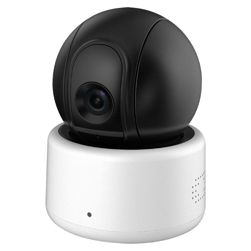 Caméra de sécurité noir et blanc avec une tête rotative, posée sur une base cylindrique blanche.
