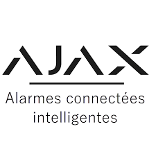 Logo noir et blanc du système de sécurité Ajax. Texte : « AJAX » au-dessus de « Alarmes connectées intelligentes ».