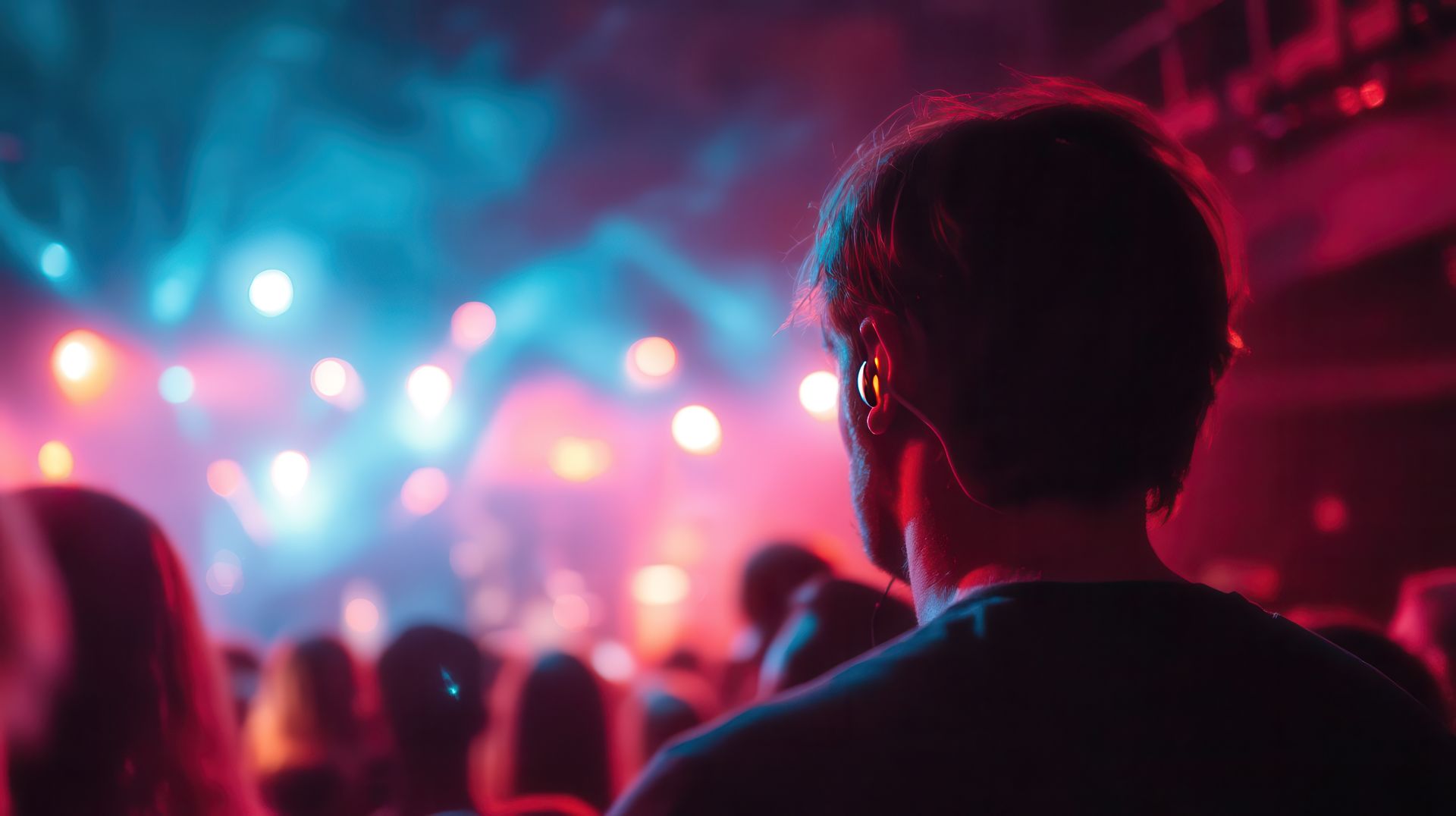Foule à un concert avec des lumières de scène roses et bleues, vue de derrière une personne au premier plan