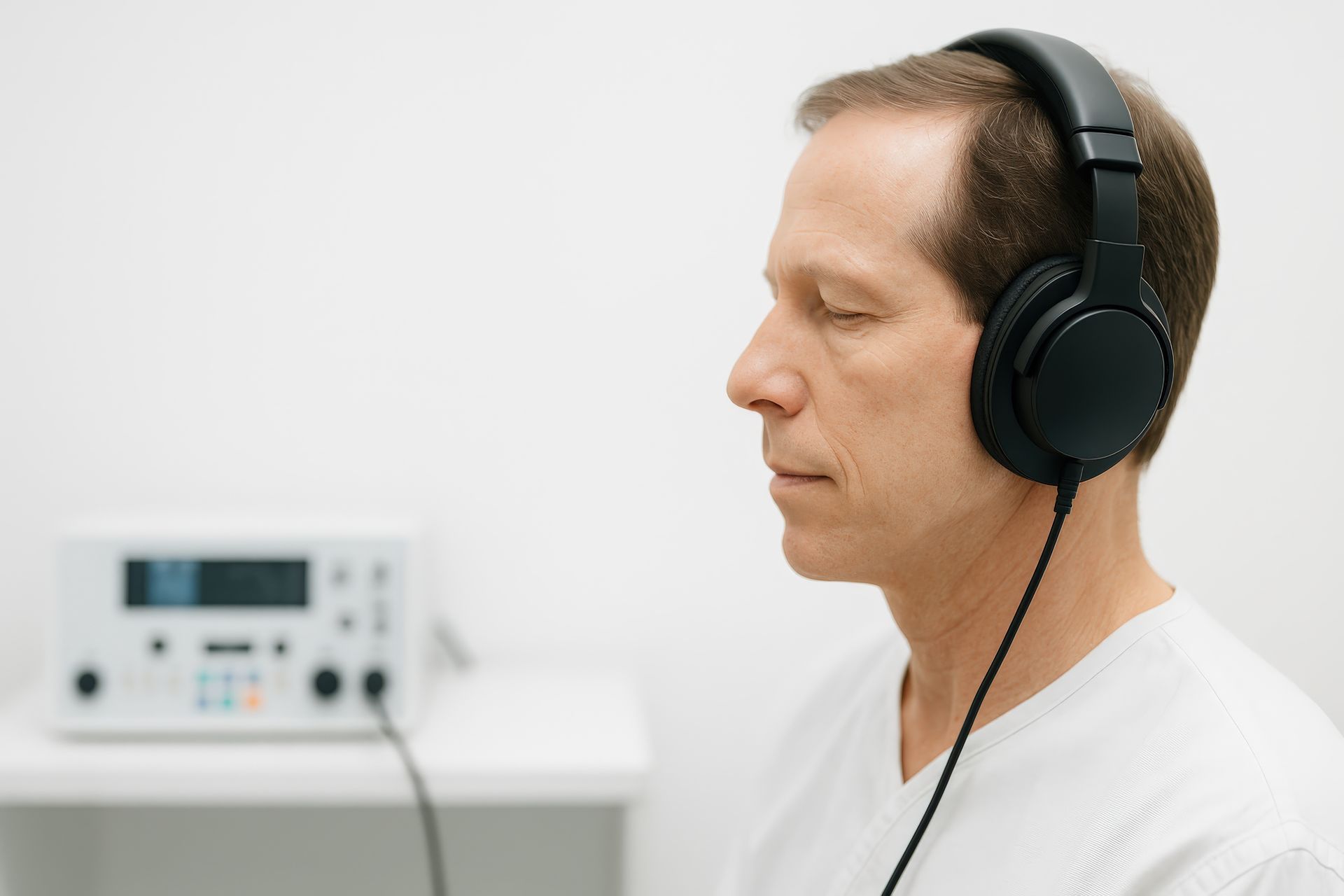 Un homme portant un casque audio est assis à côté d'un équipement audio dans une pièce lumineuse.