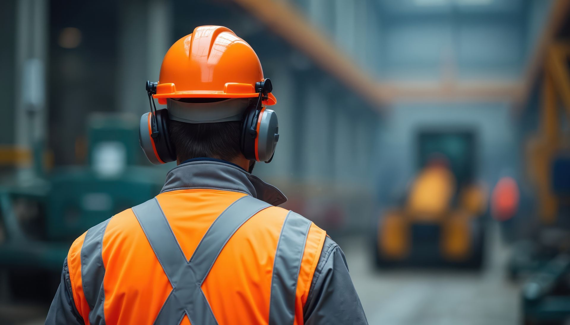 Ouvrier portant un gilet de sécurité orange et un casque de chantier dans un entrepôt industriel, vu de dos.