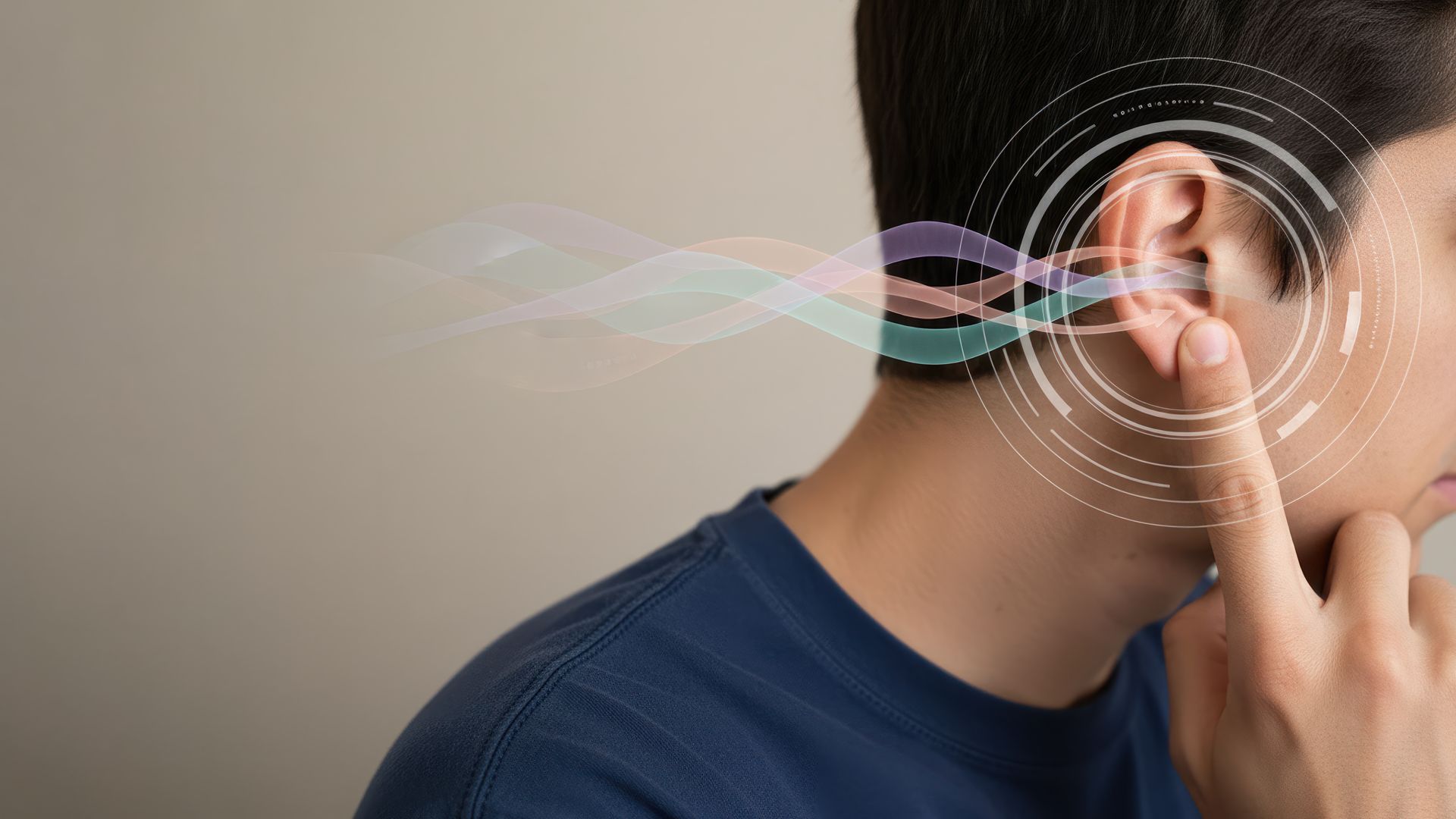 Une personne se touche l'oreille en émettant des ondes sonores, suggérant une interaction avec les technologies auditives.