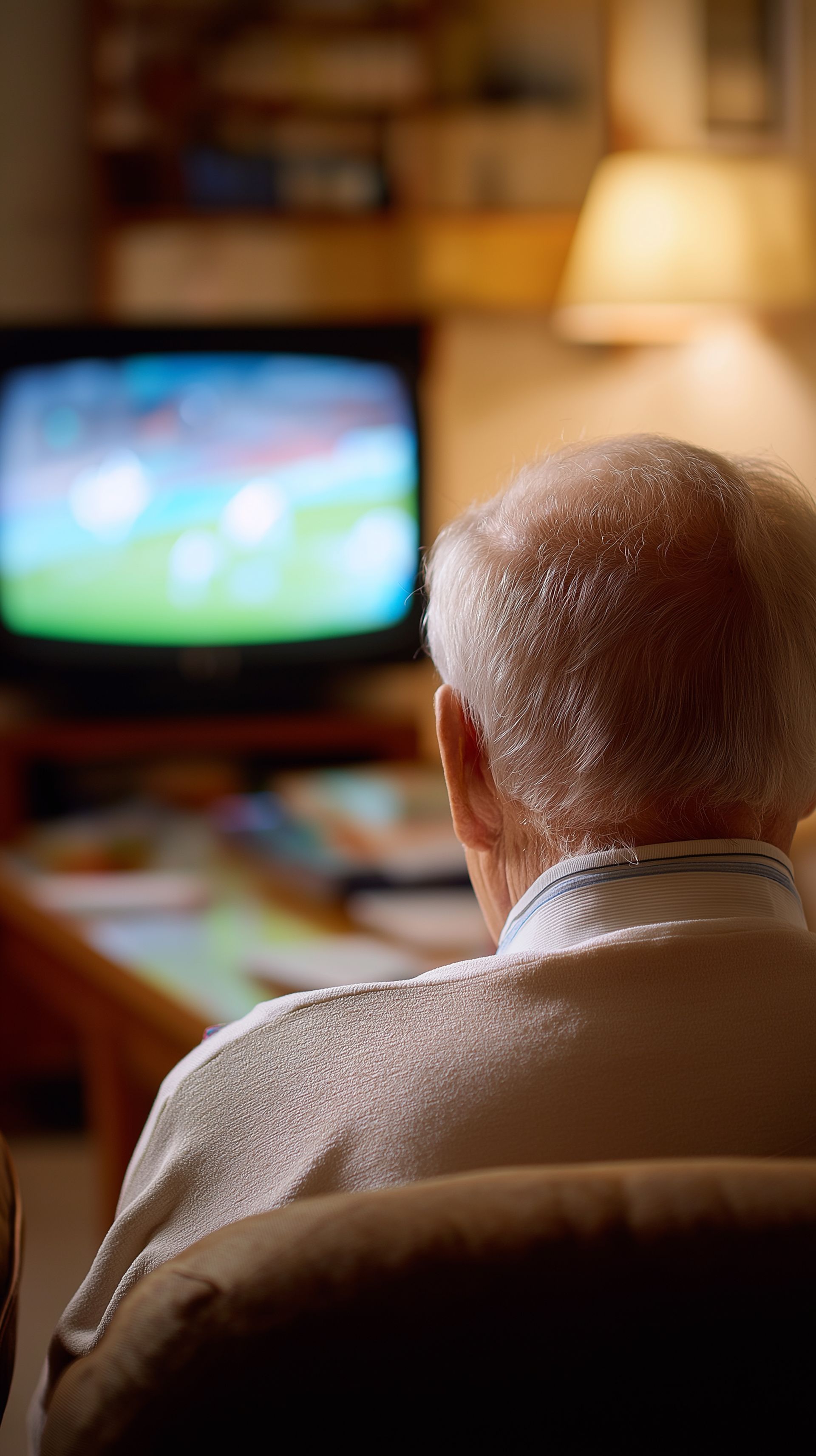 Une personne regarde un écran de télévision flou depuis une chaise dans une pièce chaude et faiblement éclairée