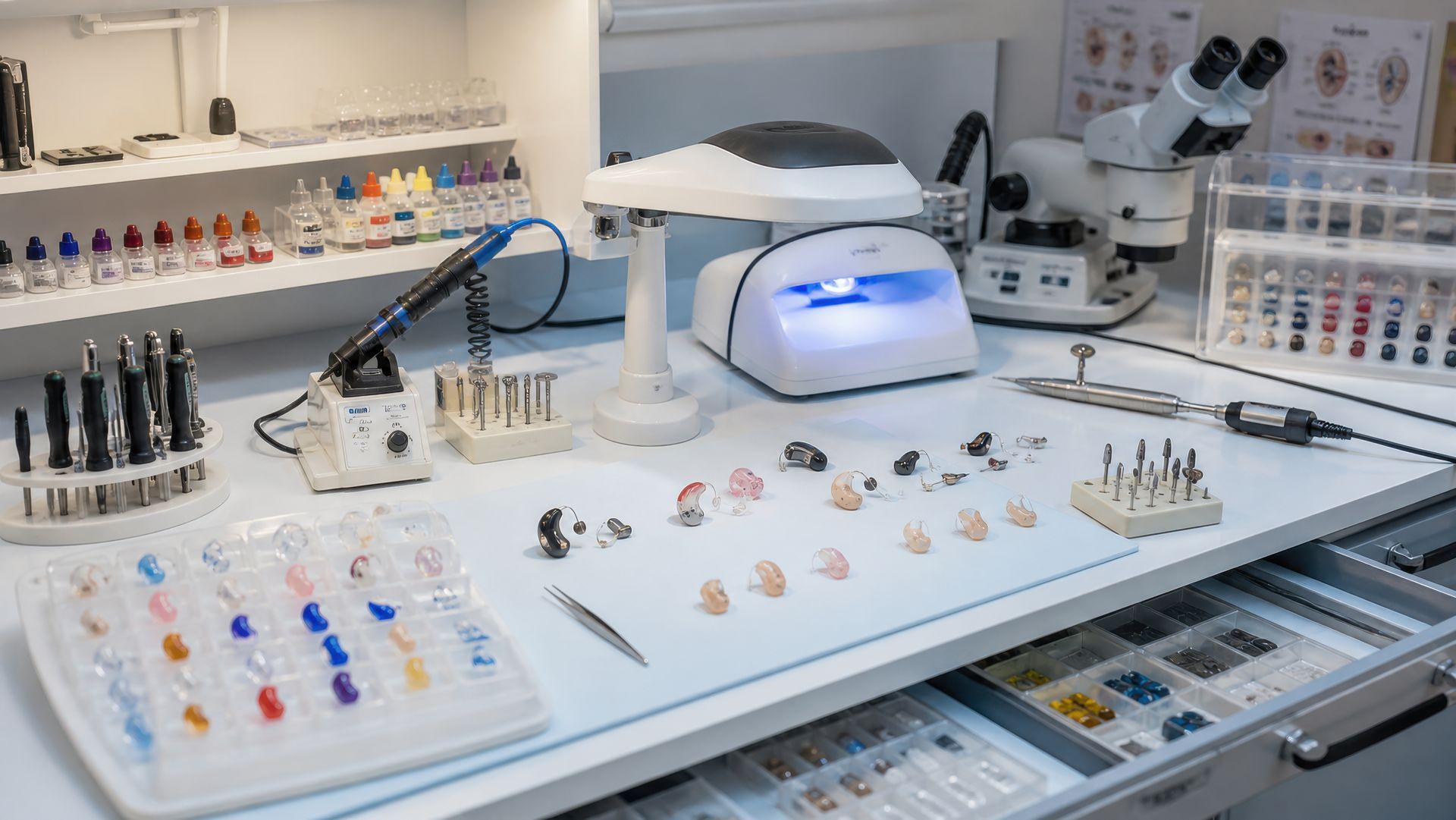 Table de laboratoire avec prothèses auditives, outils et lumière bleue sur un plan de travail blanc
