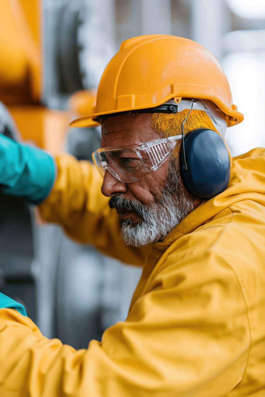 Ouvrier portant un casque jaune et des protections auditives, penché en avant dans un environnement industriel