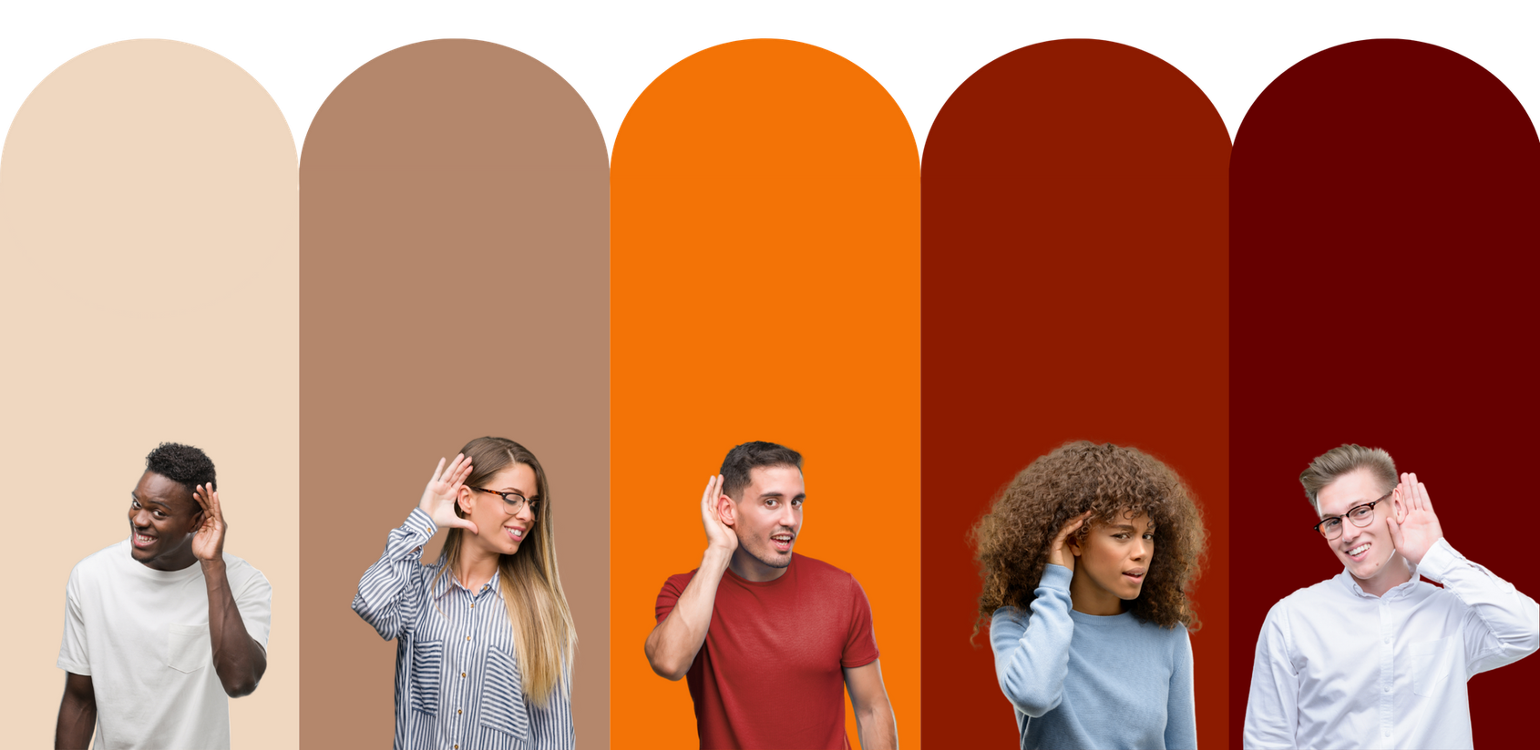 Cinq personnes se tiennent debout sur des fonds beige, marron clair, orange, rouille et rouge, chacune dans une pose pensive.