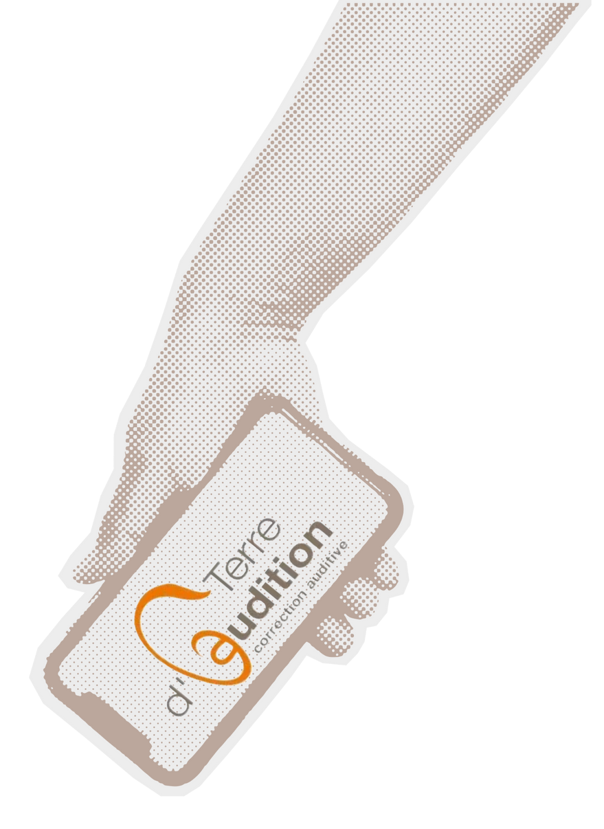 Une main tenant un téléphone blanc et beige avec logo et texte orange