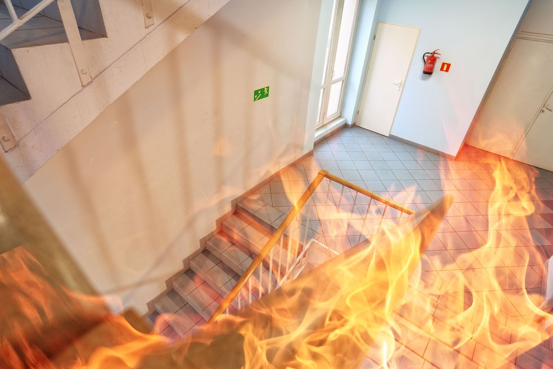 Un fuego sale de las escaleras de un edificio.