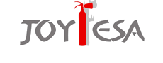 Un logotipo para Joy Esa con un extintor rojo en el medio.
