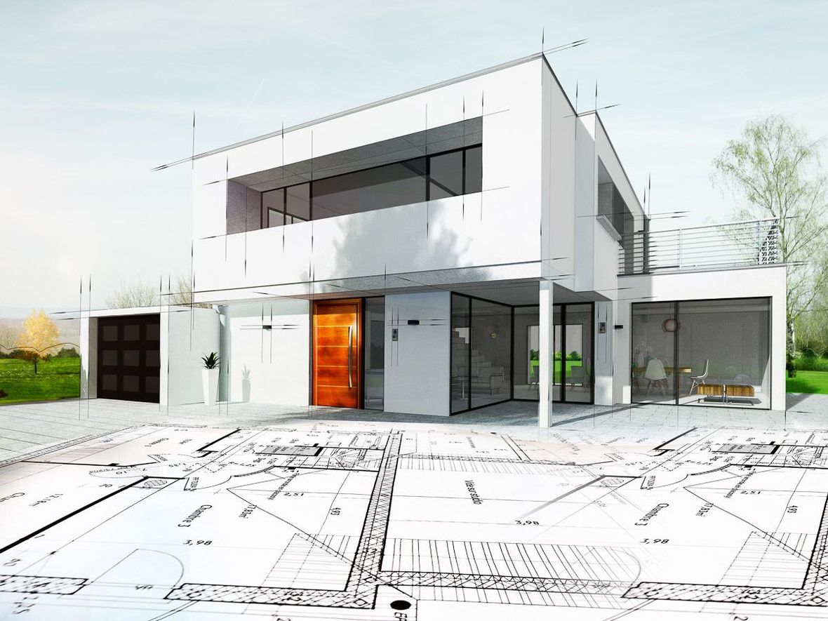 eine Zeichnung eines modernen Hauses mit einem Garagentor - ast-Architektur Silvio Tschernick aus Leipzig