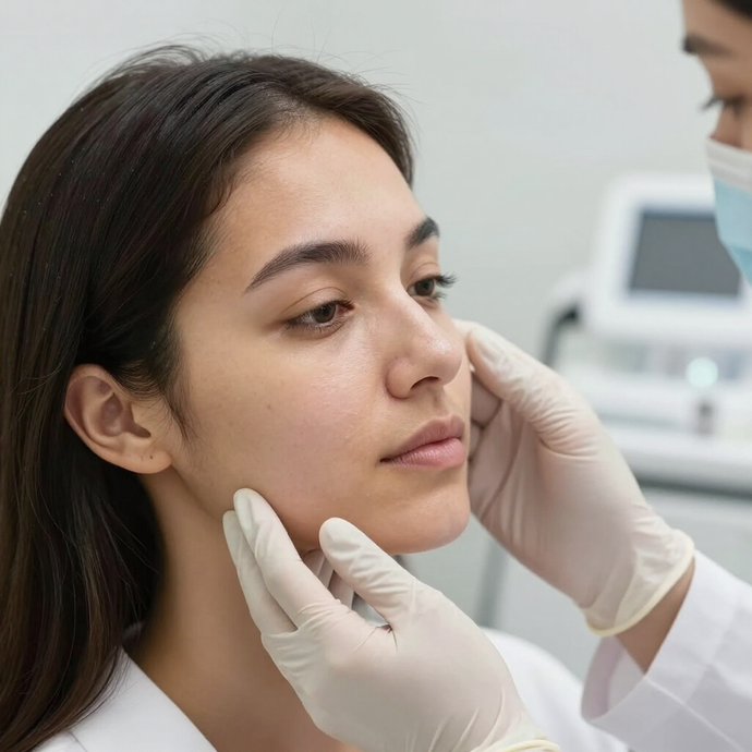Médico con guantes examinando el rostro de un paciente en una clínica.