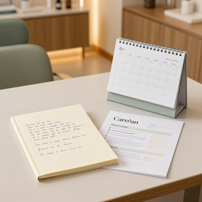 Escritorio con agenda de espiral, planificador abierto y bloc de notas en una oficina luminosa.