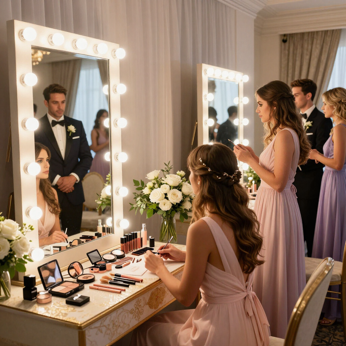 Los novios en un vestidor iluminado, rodeados de damas de honor preparándose frente a los espejos.