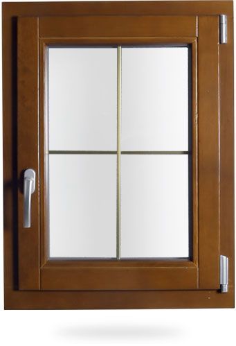 Fenêtre en bois et aluminium avec poignée argentée