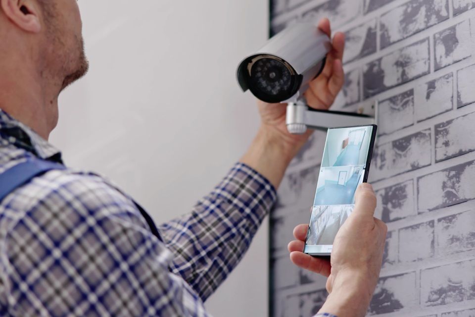 Eine weiße Überwachungskamera an der Wand anbringen und gleichzeitig das Livebild auf einem Smartphone ansehen