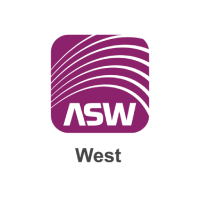 ASW West-Logo in Lila mit weißer Schrift und geschwungenen Streifen über dem Wort „West“