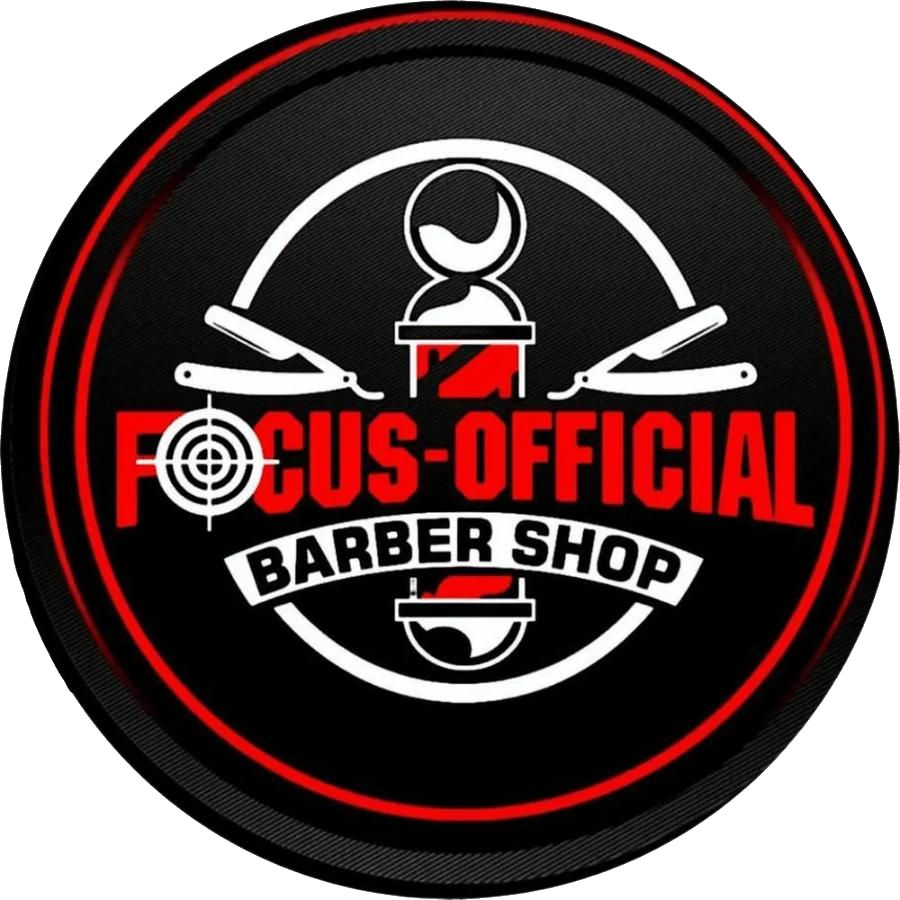 Logotipo de peluquer&iacute;a circular con texto en rojo y blanco: "FOCUS-OFFICIAL BARBER SHOP" y herramientas de peluquer&iacute;a.
