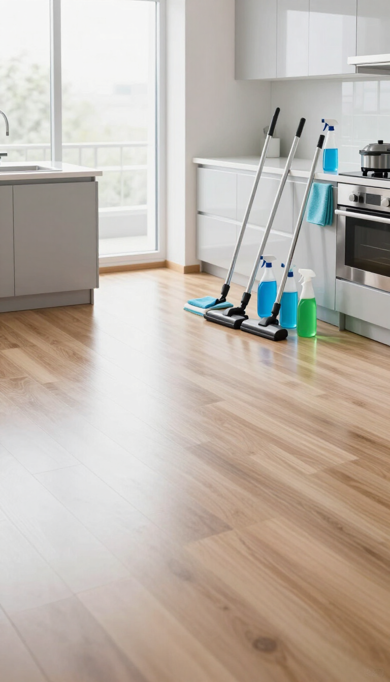 Cocina luminosa con productos de limpieza apoyados contra la encimera sobre un suelo de madera.