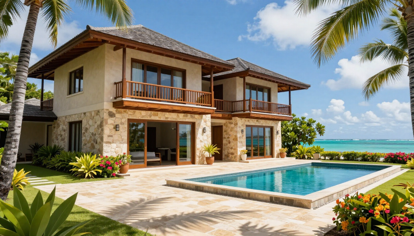 Villa de luxe en bord de mer avec piscine, palmiers et vue sur l'océan sous un ciel d'un bleu éclatant