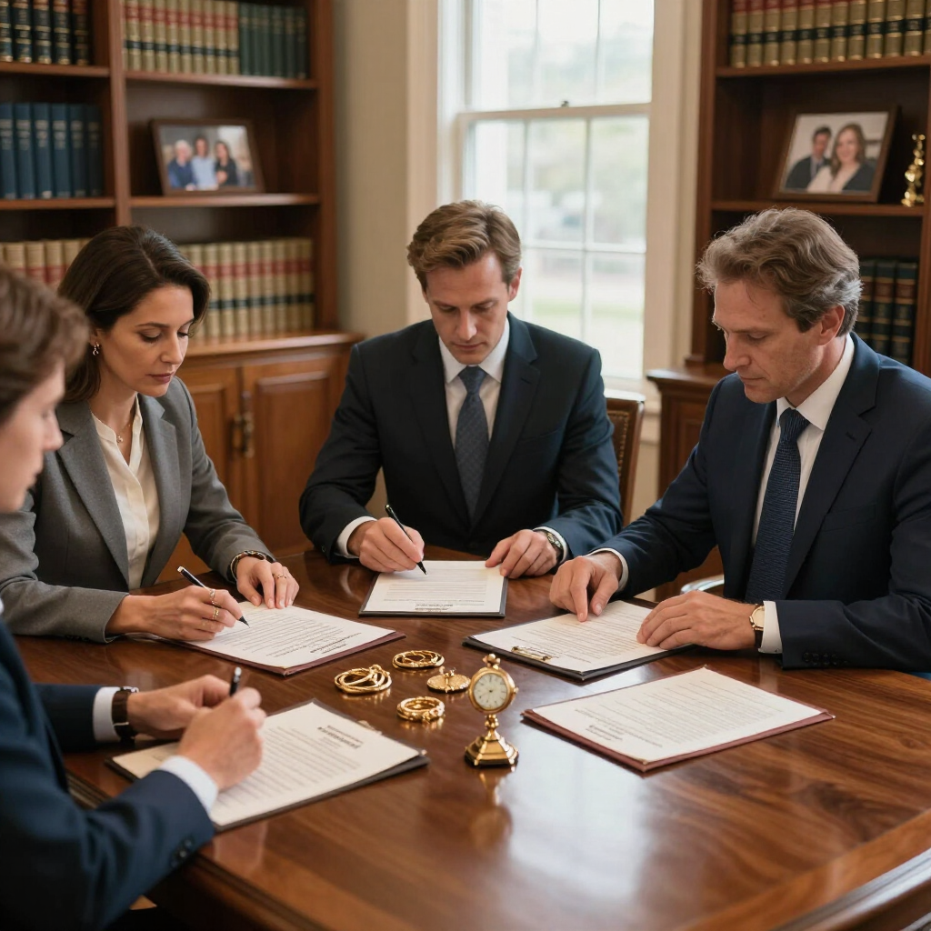 Réunion d'affaires avec quatre personnes examinant des documents autour d'une table de conférence en bois dans un bureau lambrissé