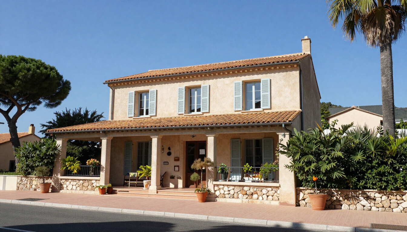 Maison à deux étages en stuc beige avec toit de tuiles rouges, porche et palmiers dans une rue ensoleillée