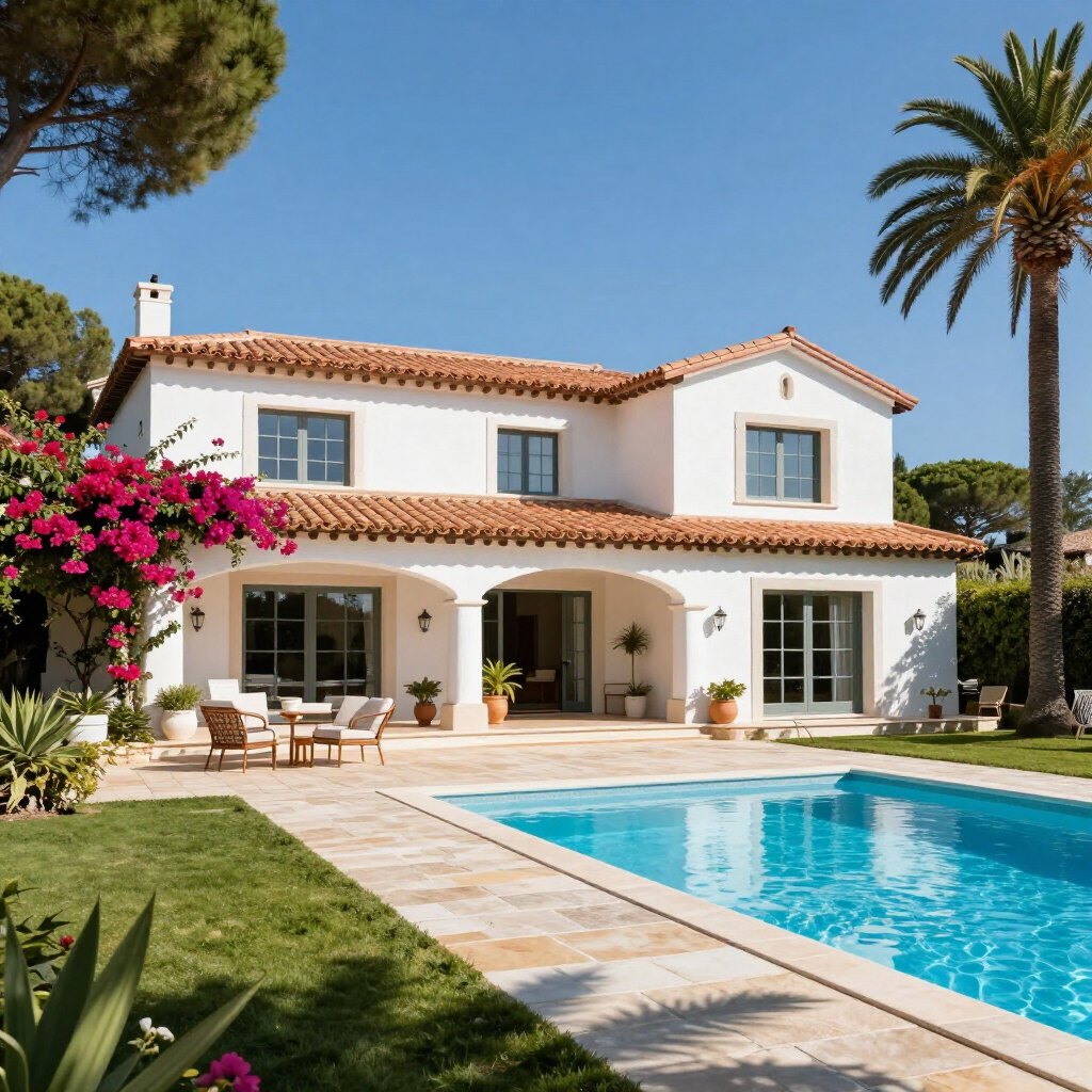 Villa blanche ensoleillée avec toit en tuiles de terre cuite, à côté d'une piscine bleue et de palmiers.