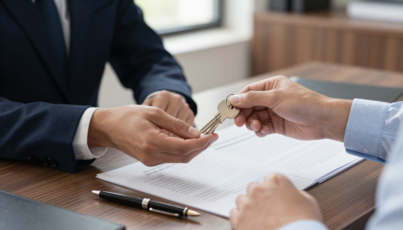 Deux personnes échangent des clés de maison contre des documents signés à un bureau