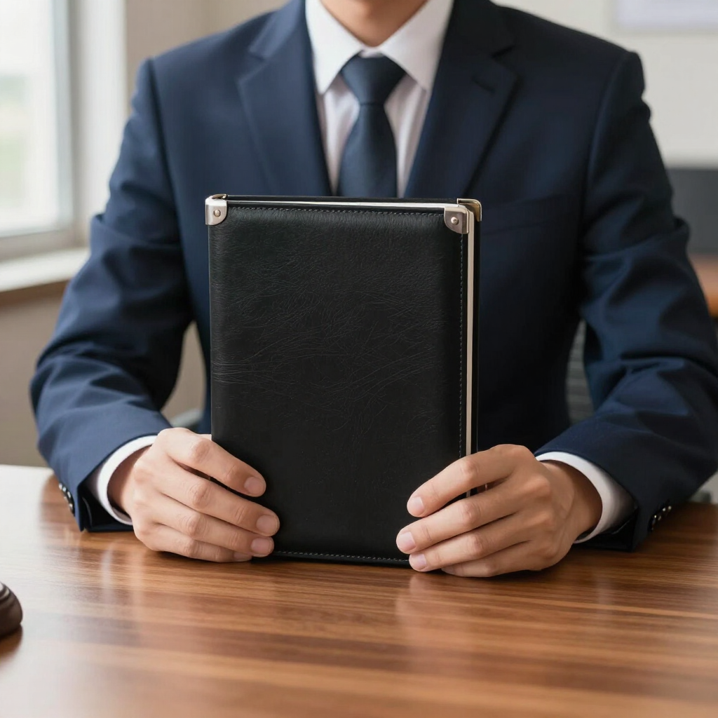Une personne en costume tenant un porte-documents noir à une table en bois