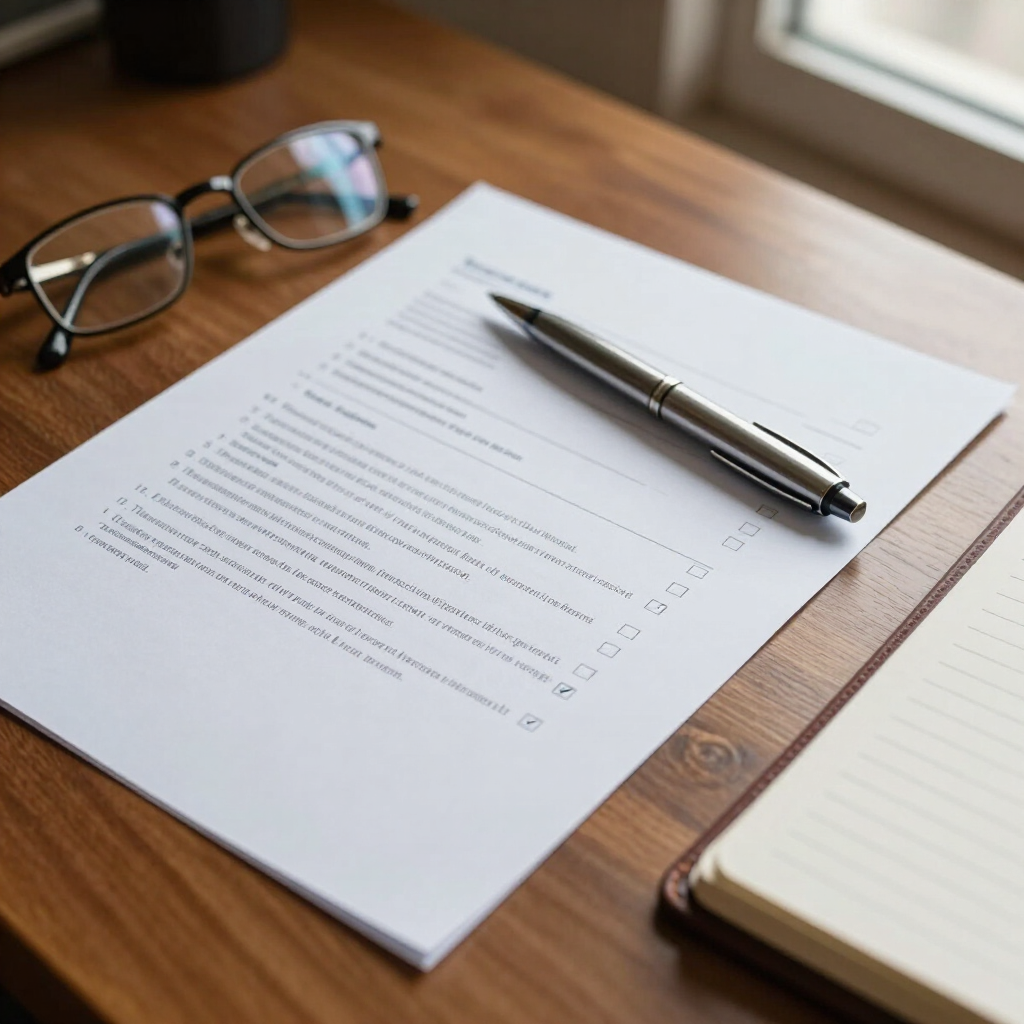 Lunettes et stylo sur une liste imprimée posée sur un bureau en bois à côté d'un cahier