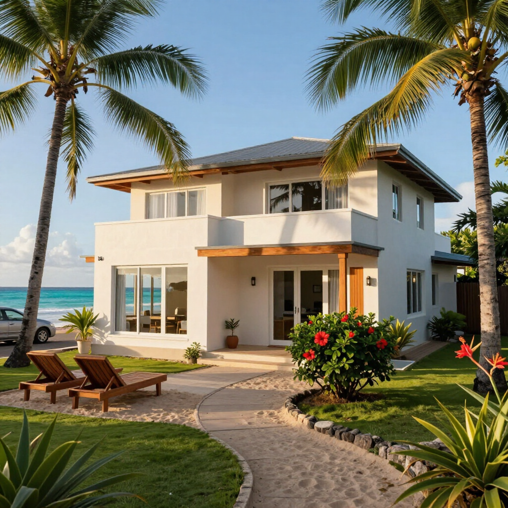 Villa tropicale en bord de mer avec palmiers, vue sur l'océan et un chemin de pierre sinueux traversant un jardin luxuriant