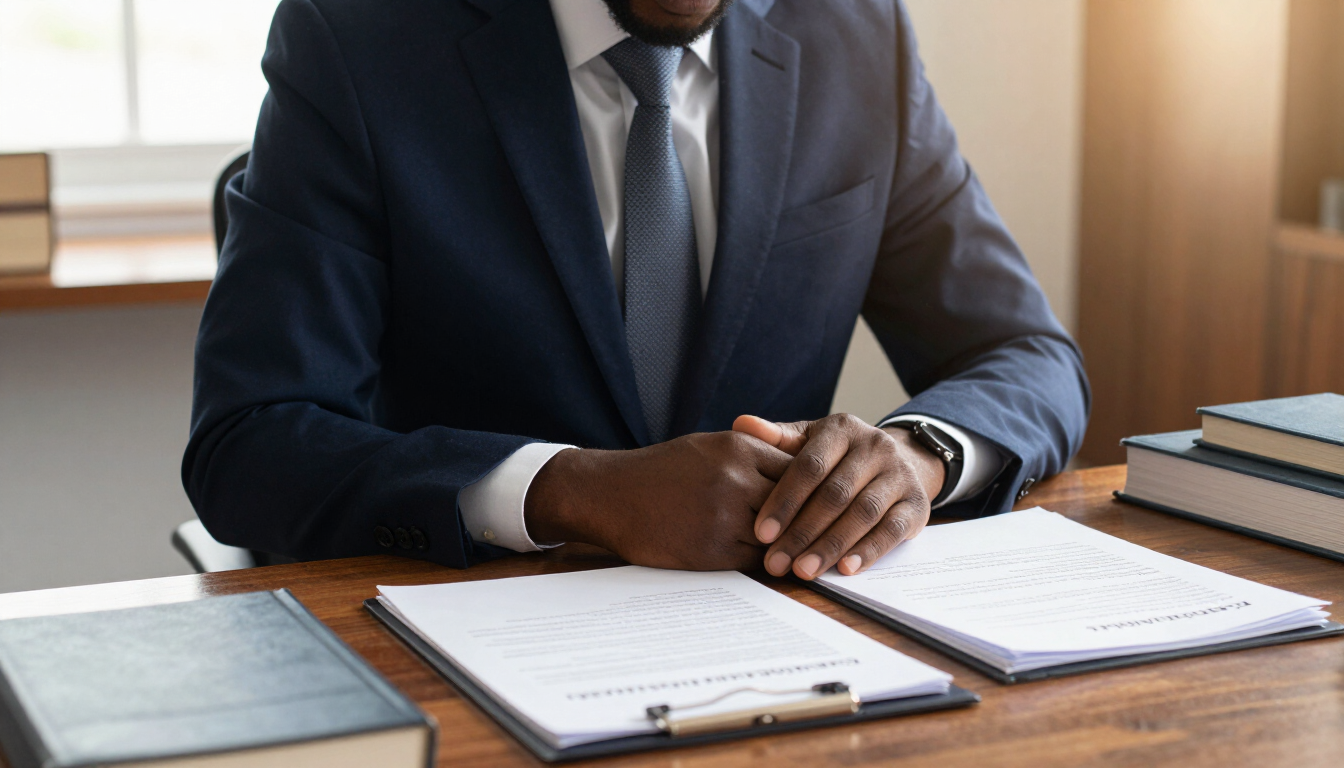 Homme d'affaires en costume bleu marine signant des documents à un bureau avec un bloc-notes et un carnet