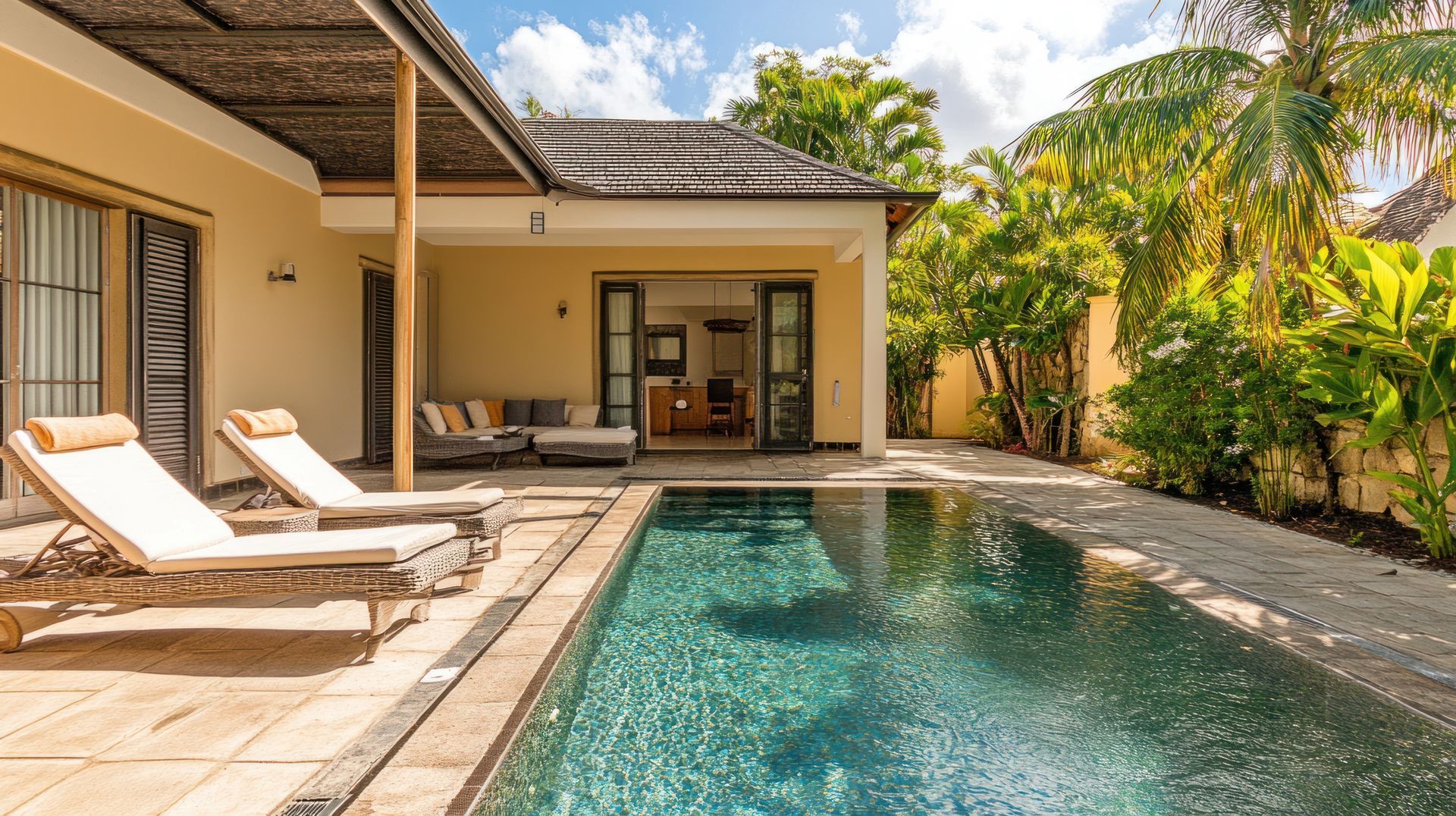 Patio arrière avec piscine rectangulaire, chaises longues et terrasse couverte bordée de végétation tropicale.
