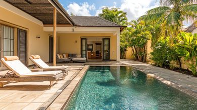 Terrasse au bord de la piscine avec chaises longues, bordant une piscine étroite et une végétation tropicale luxuriante.