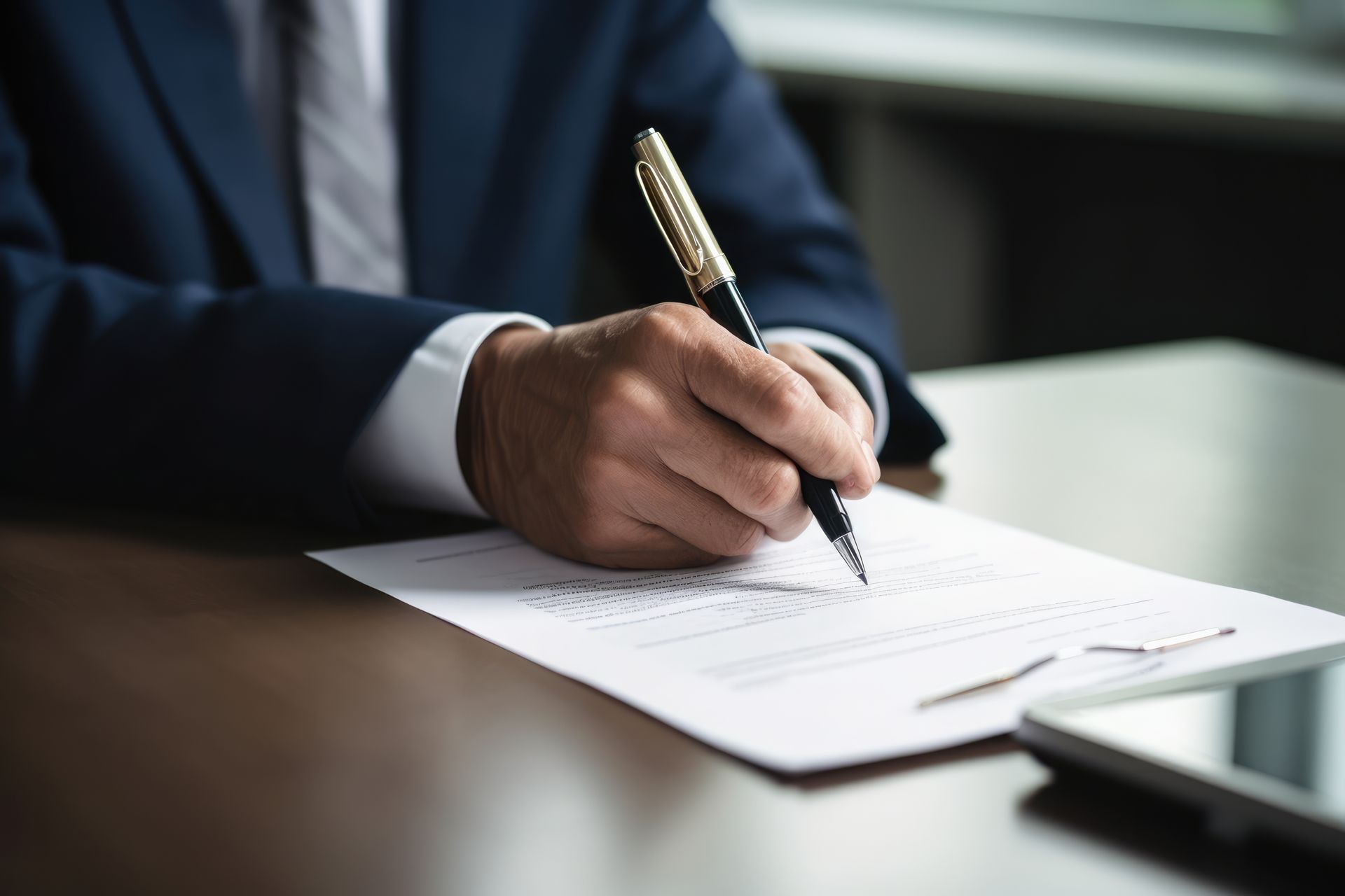 Gros plan d'une écriture manuscrite sur un document, à un bureau, à l'aide d'un stylo.