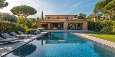 Villa moderne avec une grande piscine, des chaises longues et un jardin paysager sous un ciel d'un bleu éclatant
