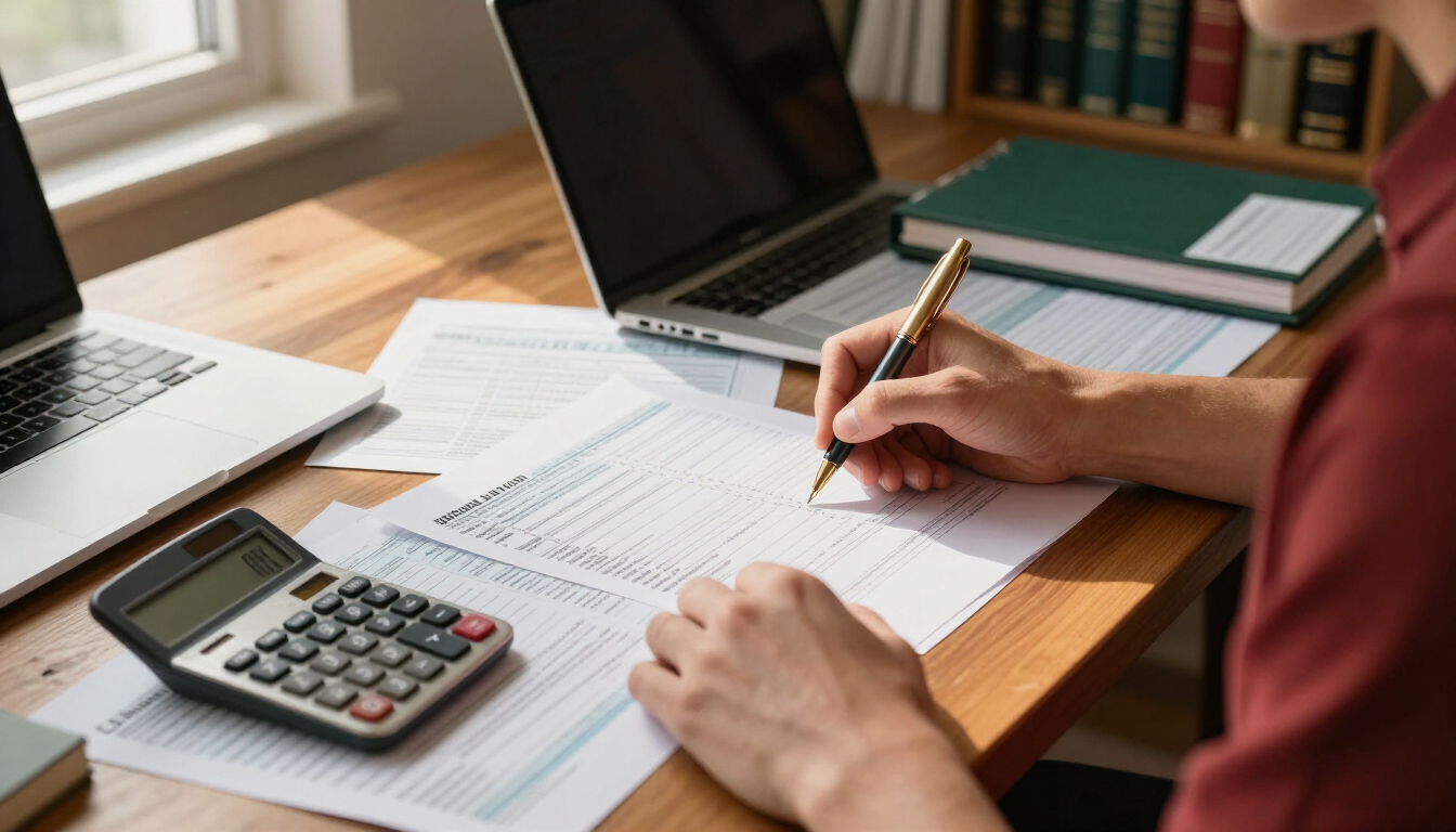 Une personne écrit à un bureau avec une calculatrice, un ordinateur portable et des documents.
