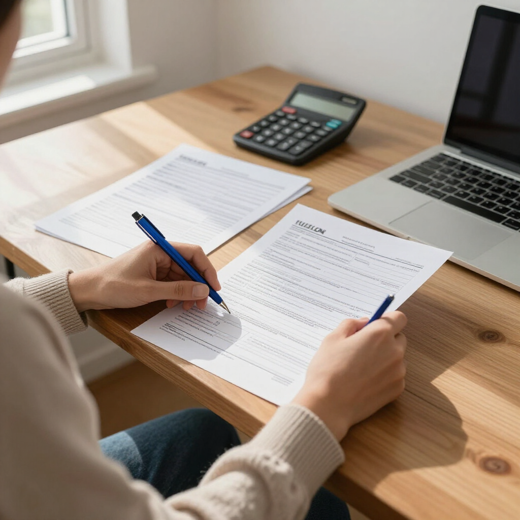 Une personne rédige sur des feuilles de papier à un bureau en bois, avec une calculatrice et un ordinateur portable à proximité.