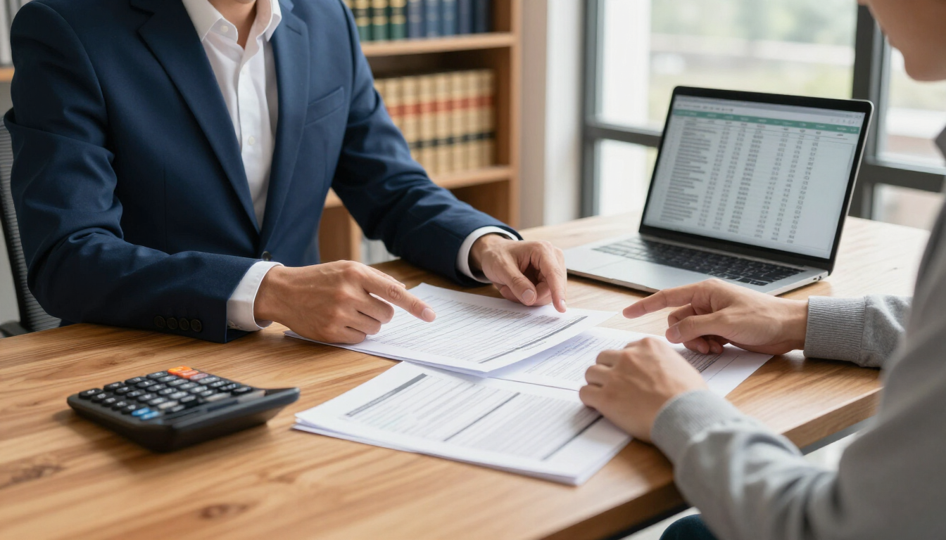 Deux personnes examinent des documents financiers à un bureau en bois, munies d'un ordinateur portable et d'une calculatrice, dans un bureau.