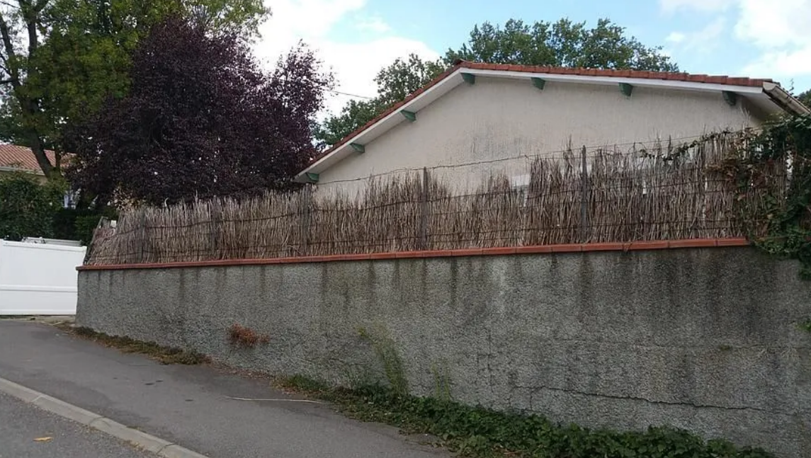 Mur de pierre et arbustes denses devant une maison blanche dans une rue calme