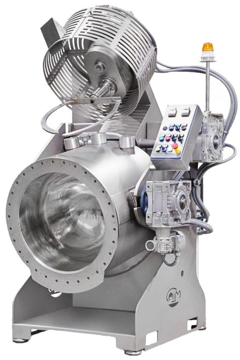 Eine Edelstahlmaschine mit einem Ventilator oben drauf.