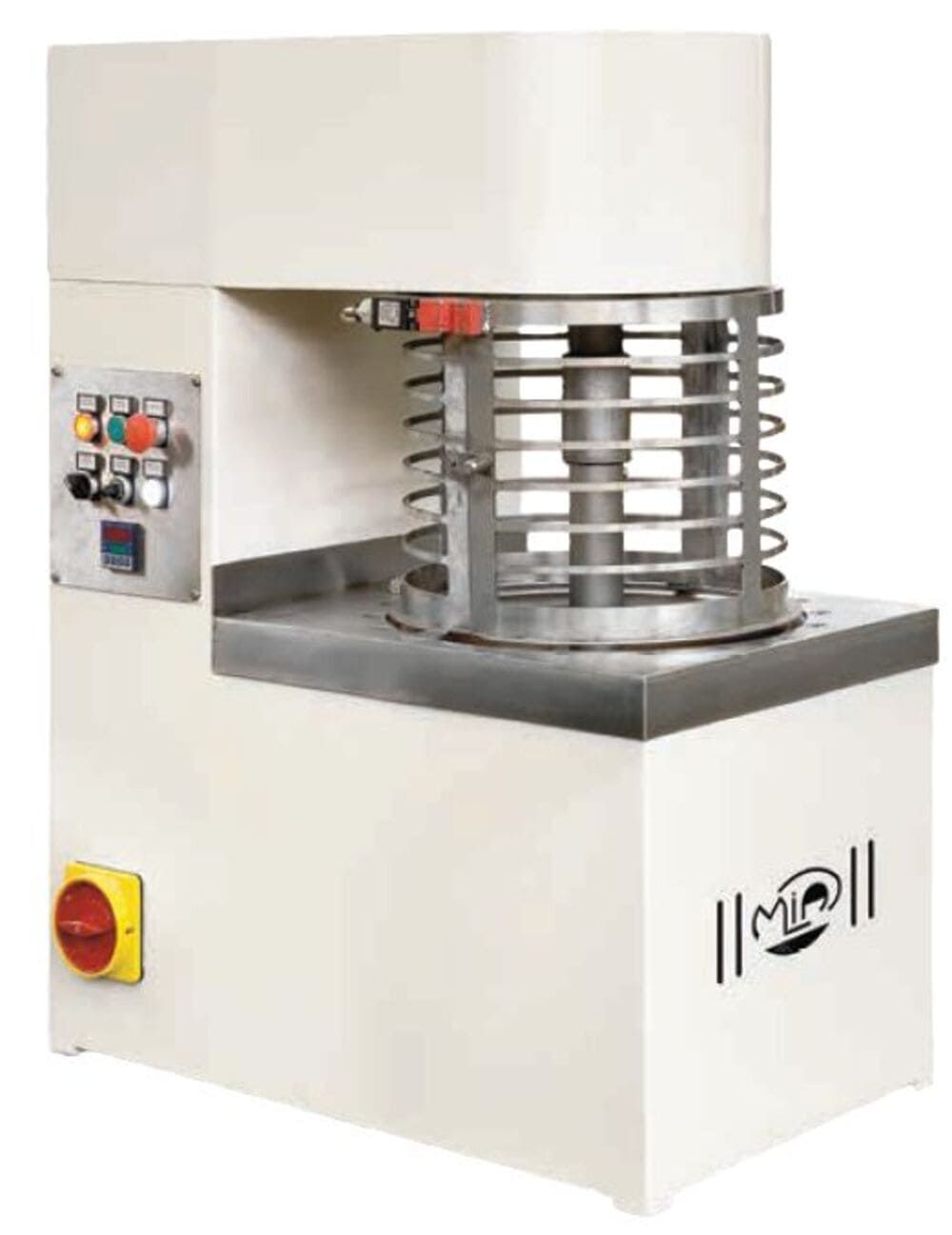 Eine weiße Maschine mit einem Edelstahlkäfig darauf