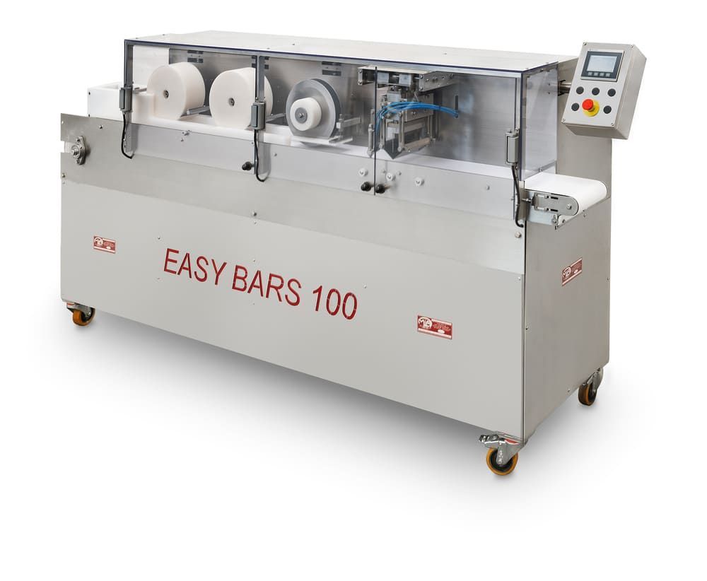 Auf einem weißen Hintergrund steht eine Maschine mit der Aufschrift „Easy Bars 100“.