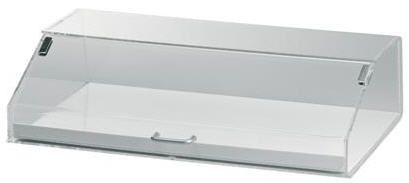 Eine weiße Vitrine mit einer klaren Glasplatte und einem Griff.