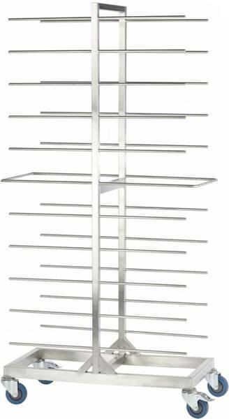 Ein Edelstahlgestell mit Rädern auf weißem Hintergrund