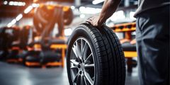 Henkilö pitelee hopeanvärisellä vanteella varustettua rengasta autokorjaamolla. Muut renkaat ovat oransseissa telineissä.