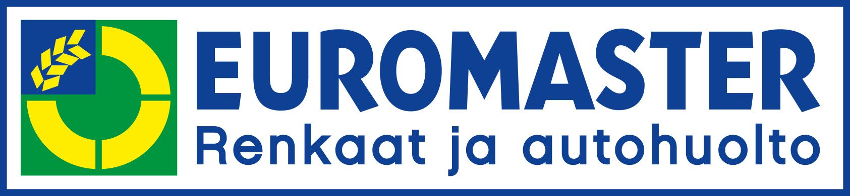 Euromaster-logo: sininen teksti valkoisella pohjalla, vihreä ja keltainen graafinen elementti. Alla teksti